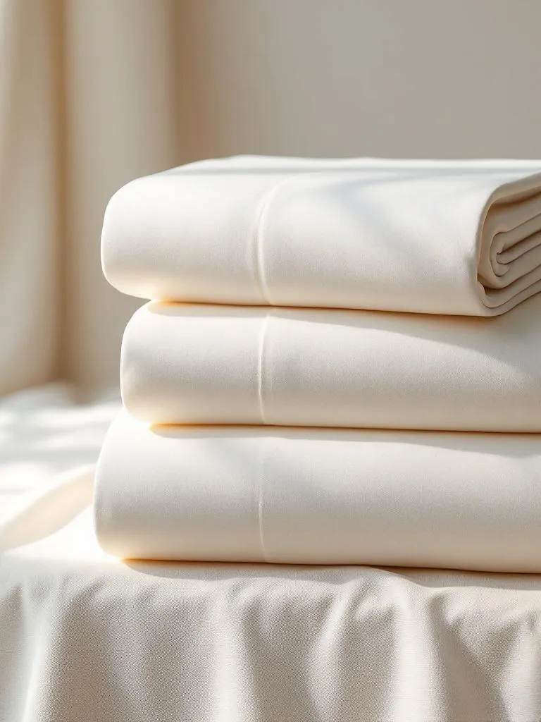 Bedsheet manufacturer Karachi Pakistan showing folded stack of cream cotton bedsheets, percale weave, top view